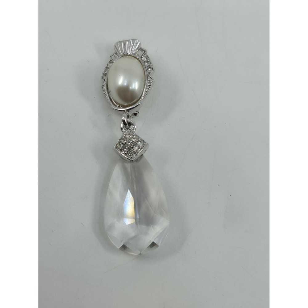 Vintage‎ Signed Craft Silver Tone Faux Pearl Rhinestone Teardrop Crystal Brooch